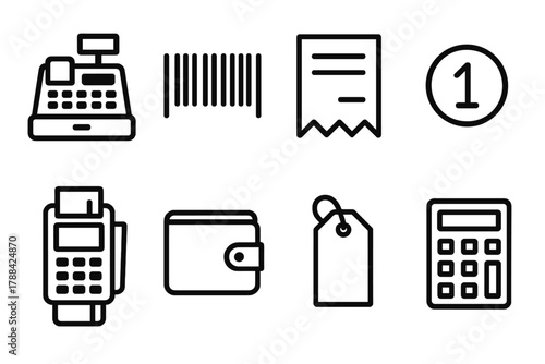 Cashier Tools Icons. Cashier Essentials linear icon set: register, barcode, receipt, coin, card reader, wallet, tag, calculator.