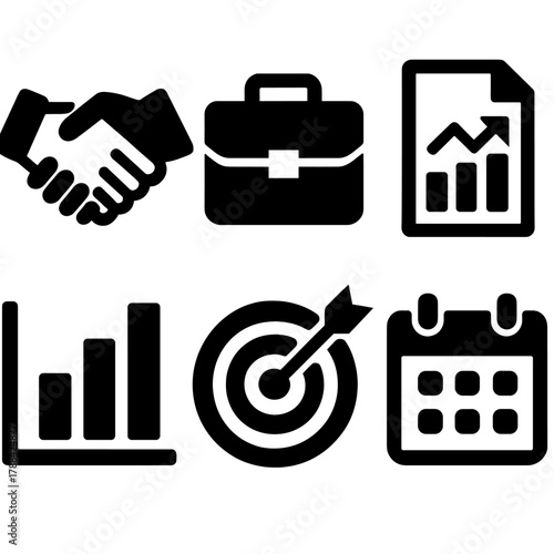 Business Icons Collection. Business agreement silhouette icon set: handshake, briefcase, document chart, bar graph, target board, calendar.