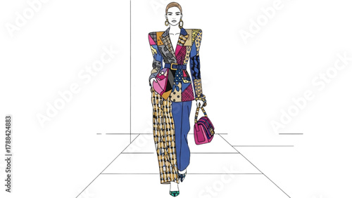 Elegant Runway Model — Black Outline Colorful Fashion Illustration Emphasizing Graceful Posture and Movement on White Background