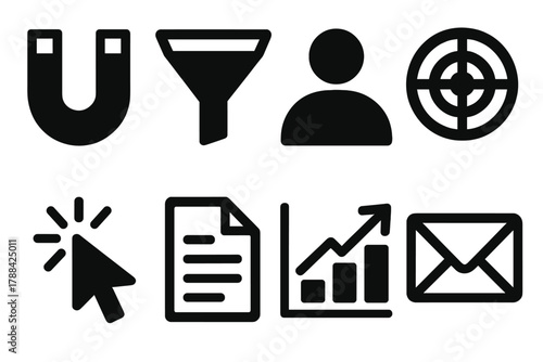 Bold Lead Funnel Icons. Lead Funnel silhouette icon set: magnet, funnel, user icon, target, cursor click, document, graph, envelope.