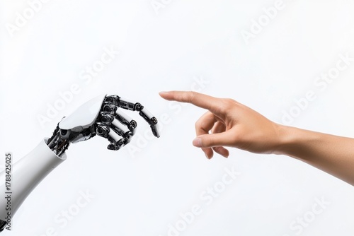 Robotic and human hands nearly touching, fingertip proximity representing digital connection and emerging technological partnership against minimalist white backdrop