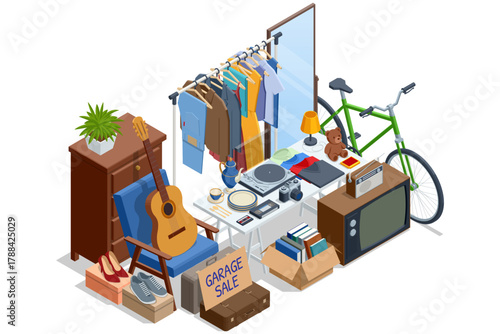 Isometric illustration of various garage sale items clothes, bike, guitar, books, furniture, and electronics. Concept of secondhand goods and reuse.
