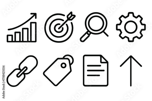 SEO Icon Set. Search Ranking Set linear icon set: bar graph, target, magnifier, gear, link, tag, document, arrow.