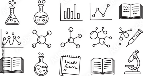 Science, Data, and Research Outline Icons Set: Laboratory Flask, Molecule, Graph, Book, and Analysis Symbols