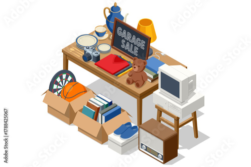 Isometric illustration of a garage sale table with old books, dishes, toys, clothes, computer, and vintage electronics. Concept of decluttering and reuse.
