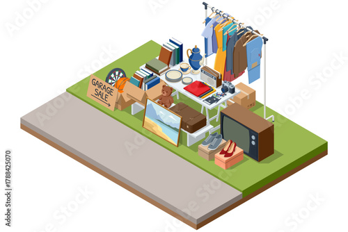 Isometric outdoor garage sale with clothes, books, TV, furniture, and signs. Concept of neighborhood recycling, reuse, and secondhand shopping.