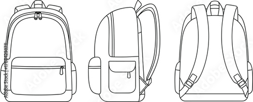 Detailed line drawing of modern travel backpack showing front, side, and back views, vector illustration for design, school, and fashion use