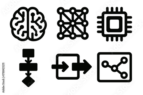 Bold Neural Icon Set. Artificial Neural Systems silhouette icon set: digital brain, network matrix, machine chip, algorithm flow, data input-output, model visualization.