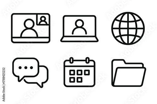 Remote Collaboration Icons. Remote collaboration tools linear icon set: video call screen, laptop, globe, chat bubbles, calendar, file folder.