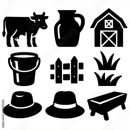 Brutalist Dairy Icons. Dairy Farming silhouette icon set: cow, milk jug, barn, grass, bucket, fence, farmer hat, trough.