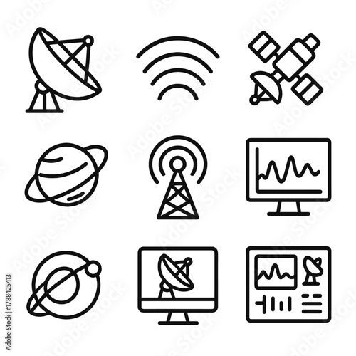 Radio Telescope Icons. Radio Telescope Imaging linear icon set: antenna dish, wave pattern, satellite, data chart, orbit, planet, signal tower, control screen.