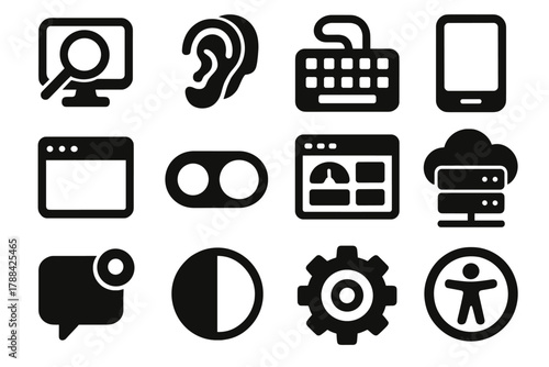 Brutalist Assistive Tech Icons. Assistive Technology silhouette icon set: screen magnifier, hearing aid icon, keyboard icon, smartphone screen, app window, toggle switch, dashboard