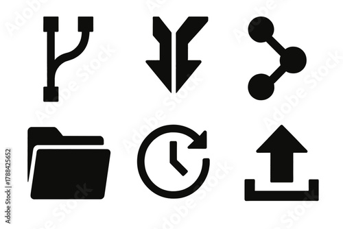 Bold Git Icon Set. Git Collaboration silhouette icon set: branch diagram, merge arrows, commit dots, repository folder, version history, upload arrow.