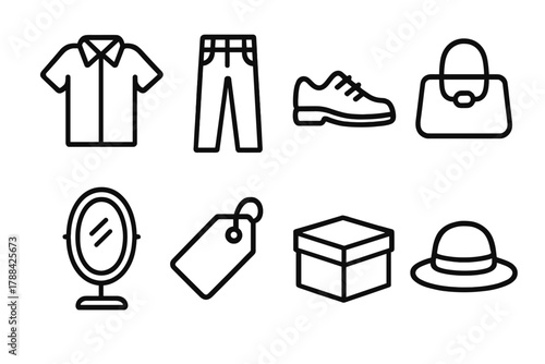 Fashion Icon Set. Retail Fashion Icons linear icon set: shirt, pants, shoes, bag, mirror, price tag, box, hat.