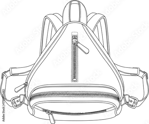 Modern triangle-shaped backpack front view, detailed line drawing of stylish travel sling bag design, vector illustration for fashion accessories