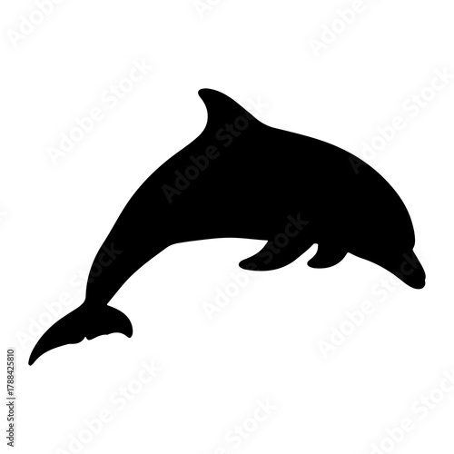 Black silhouette of a dolphin leaping from water white background
