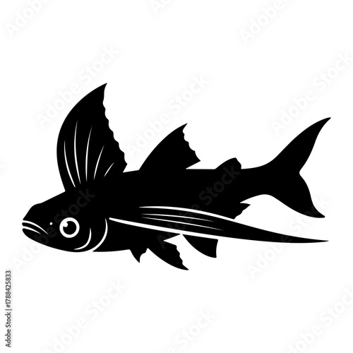 Black Silhouette of a Flying Fish with Large Fins on White Background
