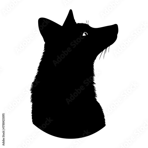 Black silhouette of a fox head looking up Keywords: fox, animal, silhouette, black and white