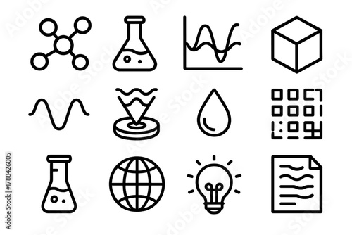 Wave Energy Icons. Scientific Wave Energy linear icon set: molecular model, lab flask, graph chart, 3D cube, wave pattern, hologram, water droplet, data grid, test tube, globe,