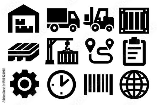 Bold Logistics Icons. Logistics Operations silhouette icon set: warehouse, truck, forklift, cargo container, pallet, crane, route map, clipboard, gear, clock, barcode, globe.