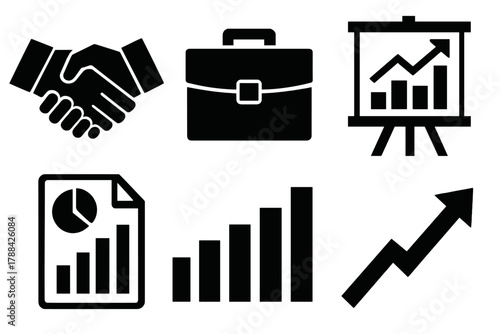 Brutalist Business Icons. Business partnership silhouette icon set: handshake, briefcase, chart board, document chart, bar graph, upward arrow.