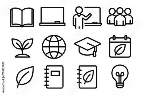 Educational Sustainability Icons. Educational Sustainability linear icon set: open book, chalkboard, teacher icon, classroom, student group, plant, globe, graduation cap, calendar,