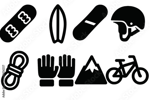 Extreme Sports Icons. Extreme Sports Collection silhouette icon set: skateboard, surfboard, snowboard, helmet, rope, gloves, mountain, bike.