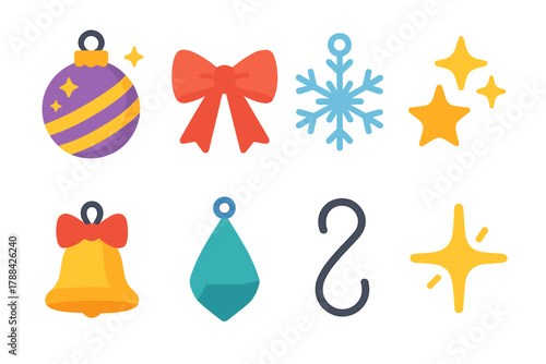 Vibrant Decorative Icons. Decorative Ornaments Symbols flat icons: glitter ball, ribbon bow, snowflake charm, star cluster, hanging bell, crystal drop, ornament hook, glowing spark