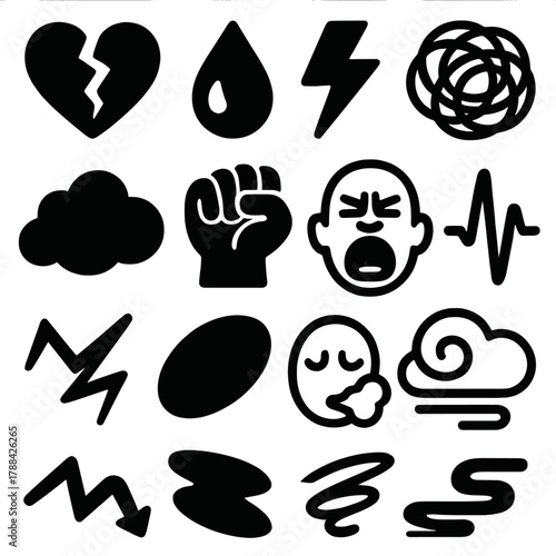 Emotional Frustration Icons. Emotional Frustration silhouette icon set: heart crack, tear, lightning, tangled thread, cloud, clenched hand, scream face, pulse spike, broken line,