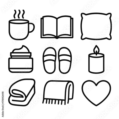 Essential Self-Care Icons. Daily Self-Care Set linear icon set: cup, book, pillow, candle, cream jar, slippers, blanket, heart.