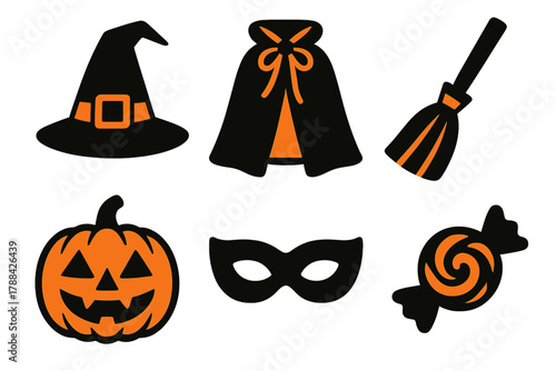 Bold Halloween Icons. Halloween Costume silhouette icon set: Witch Hat, Cape, Broom, Pumpkin, Mask, Candy.