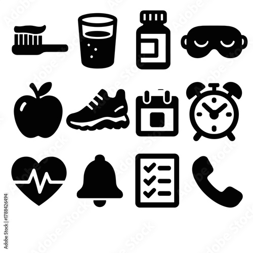 Bold Health Icons. Health Reminders silhouette icon set: toothbrush, water glass, pill bottle, sleep mask, apple, running shoe, calendar, alarm, heart pulse, reminder bell,
