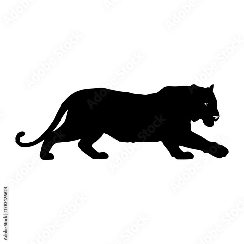 Black silhouette of a tiger walking with its mouth open