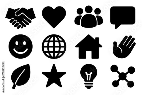Social Icons Set. Social Acceptance silhouette icon set: handshake, heart, people circle, chat bubble, smile, globe, home, hand reaching, leaf, star, light bulb, connection lines.