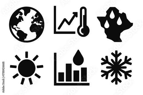 Climate Study Icons. Climate Study silhouette icon set: earth globe, temperature graph, precipitation map, sun icon, rainfall data, snowflake.
