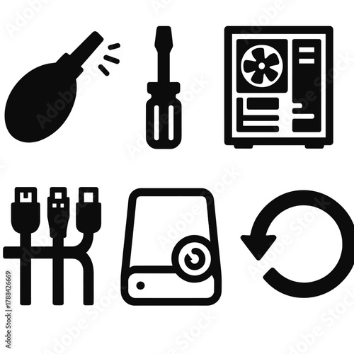 Desktop Maintenance Icons. Desktop Maintenance silhouette icon set: dust blower, screwdriver, open PC case, cable management, backup drive, software update icon.