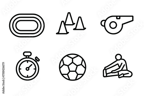 Athletic Training Icons. Sports Practice linear icon set: running track, cones, coach whistle, stopwatch, ball, athlete stretching.