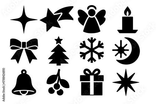 Brutalist Holiday Icons. Magical Holiday Spirit silhouette icon set: sparkle, shooting star, angel, candle, ribbon, glowing tree, snowflake, moon, bell, mistletoe, gift, starburst.