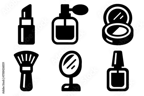 Bold Beauty Icons. Glamour Beauty silhouette icon set: Lipstick, Perfume, Compact, Brush, Mirror, Nail Polish.