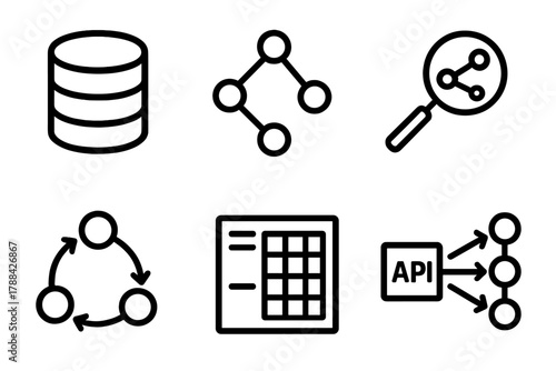 Graph Database Icons. Graph Databases linear icon set: database cylinder, linked data icons, query node, relationship arrows, structured dataset, API connection.
