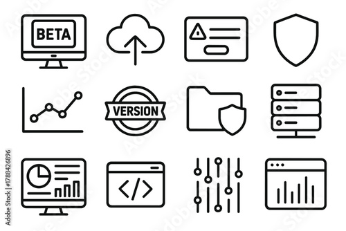 Tech Icon Compilation. Pre-Release Software linear icon set: computer screen, beta logo, cloud upload, alert popup, shield icon, progress chart, version badge, secure folder,