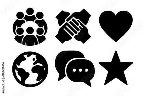 Unity Icon Set. Community unity silhouette icon set: people circle, hands together, heart, globe, chat bubbles, star.