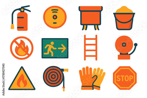 Fire Safety Icons. Fire Safety Precautions flat icons: extinguisher, smoke alarm, fire blanket, bucket of sand, no fire symbol, exit sign, emergency ladder, alarm bell, warning