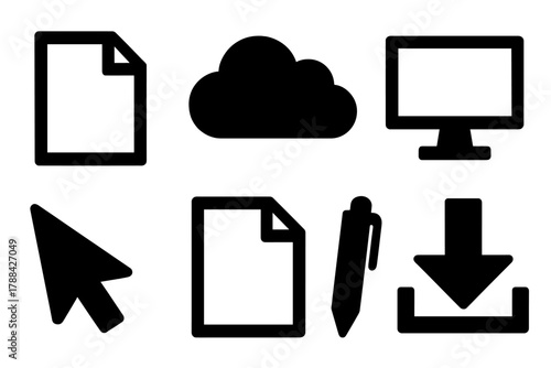 Bold Documents Icons. Digital Documents Icons silhouette icon set: PDF file, cloud, folder, screen, cursor, page, pen, download arrow.