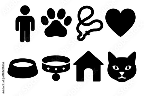 Human-Animal Connection Icons. Human-Animal Bond Set silhouette icon set: person, paw print, leash, heart, bowl, collar, home, pet.