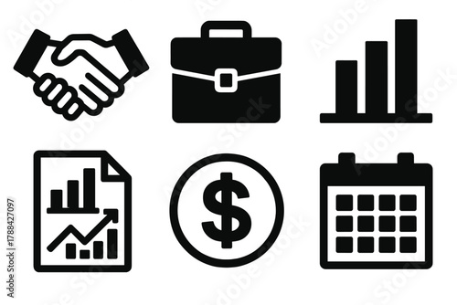 Business Icon Set. Business bargaining silhouette icon set: handshake, briefcase, bar chart, document chart, dollar coin, calendar.