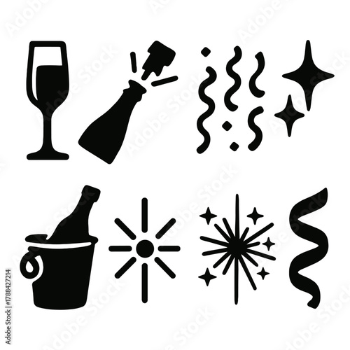 Brutalist Toast Icons. Elegant Toast Symbols silhouette icon set: champagne flute, cork popping, confetti rain, star shimmer, champagne bucket, glowing spark, fireworks, ribbon