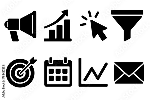 Brutalist Marketing Icons. Marketing Metrics silhouette icon set: megaphone, chart, cursor click, funnel, target, calendar, graph, envelope.