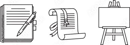 Stacked papers pen scroll easel canvas paper stack writing