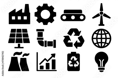 Industrial Icon Set. Industrial Clean Technology silhouette icon set: factory building, gear, conveyor belt, wind turbine, solar panel, pipeline, recycling symbol, globe, power